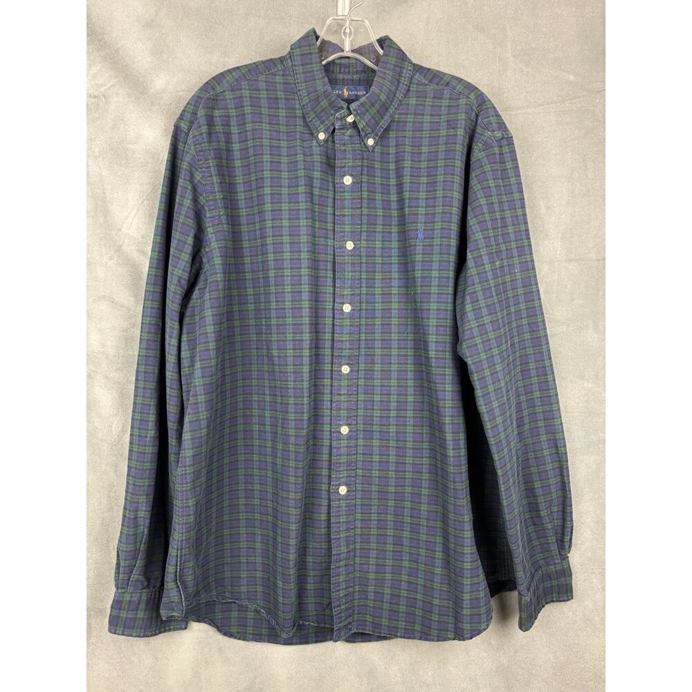 Ralph Lauren Shirt Mens Large Blue Green Tartan Plaid Button Down Cotton